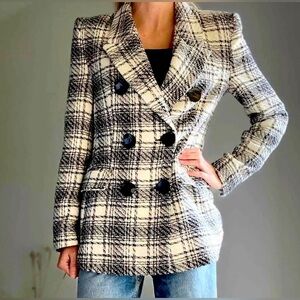ZARA Sz M Tweed Double Breasted Plaid Subtle  Gold Thread Shoulder Pad Blazer